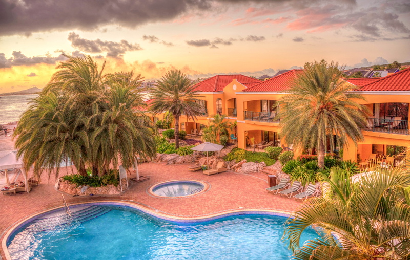 relaxation, vacations, view, building, wealth, holiday, plant, tress, sky, 5K, island, outdoors, pool, tropical, tourist Resort, ocean, sunset, resort
