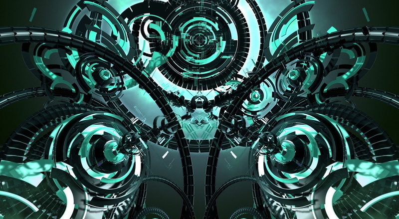  no people, gear, green, pattern, modern, low angle view, Artistic, wheel, turquoise colored, complex, transportation, built structure, 1080P