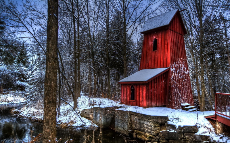 3d and abstract, water, tower, 2K, beautiful, forest, hydro, stream, cabin, winter, red
