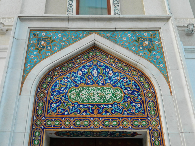 old, low angle view, entrance, ornate, floral pattern, belief, arch, baku, library, built structure, 2K, multi colored, park, fountain square, historic