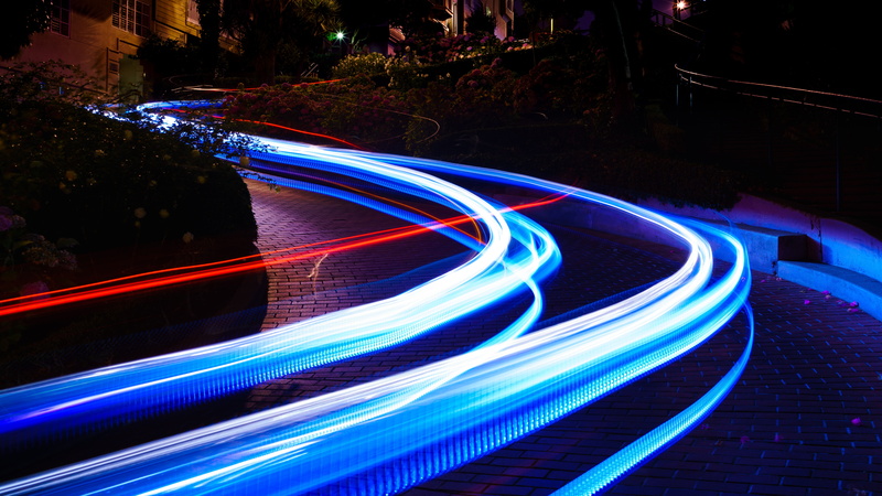 light - natural phenomenon, 8K, abstract, illuminated, lighting equipment, multi colored, curve, night, turn, glowing, road, city, speed, flowing, light