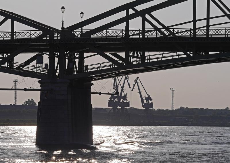 port, danube bridge, travel destinations, transportation, current pillar, clear sky, slovakia, railing, roadway, water, river, bridge - man made structure