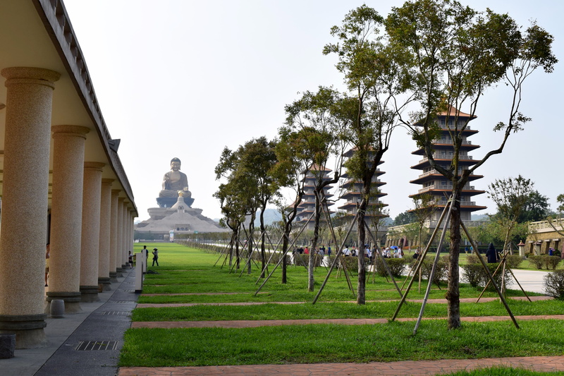 grass, monastery, history, religion, architecture, day, belief, sky, taiwan, plant, incidental people, clear sky, buddhism, building exterior, fo guang shan monastery