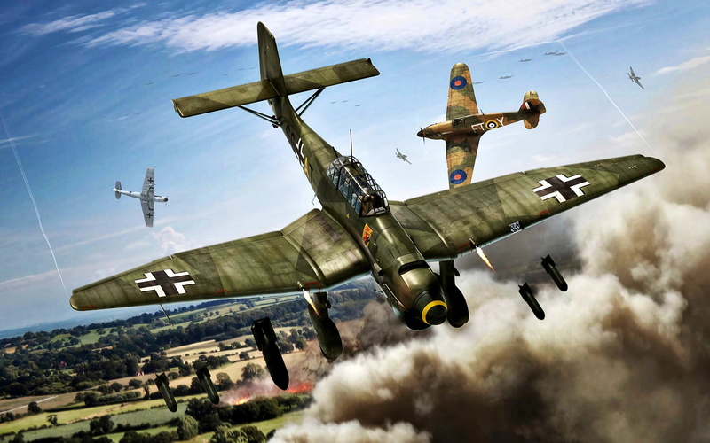 SC-50, Blitzkrieg 1940, 2K, 9./StG51, SC-250, bombs, the bombing, Ju.87B-1, Smoke, dive bomber, Hawker Hurricane