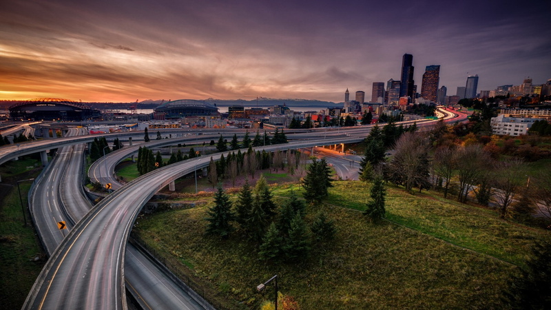 interchange, long exposure, clouds, Seattle, 1080P, city, USA, light trails, trees, cityscape, skyscraper, road, evening, building, architecture, street