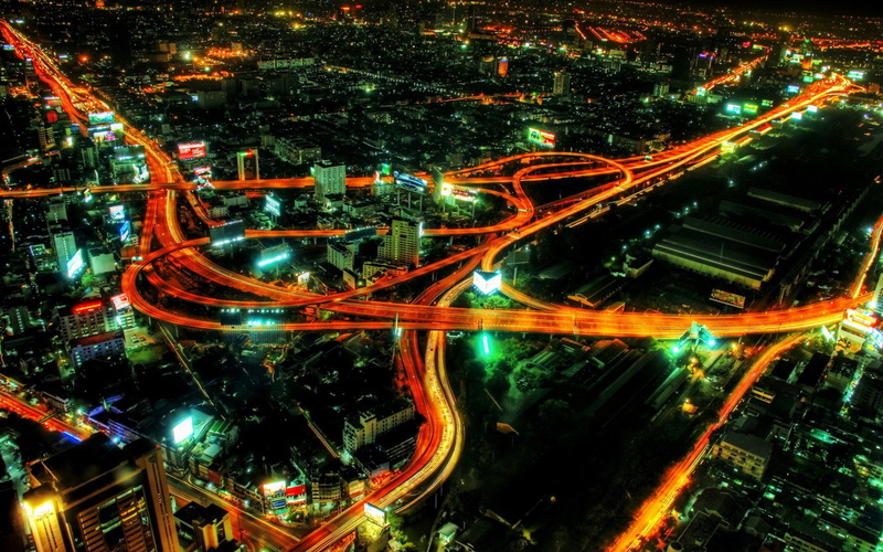 highway, night, 1080P, Cityscape, Aerial View, Interchange