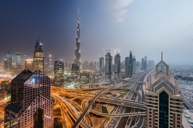 haze, transport interchange, lights, 1080P, the sky, tower, night, megapolis, the city, skyscrapers, fog, architecture, building, UAE, Dubai, the evening