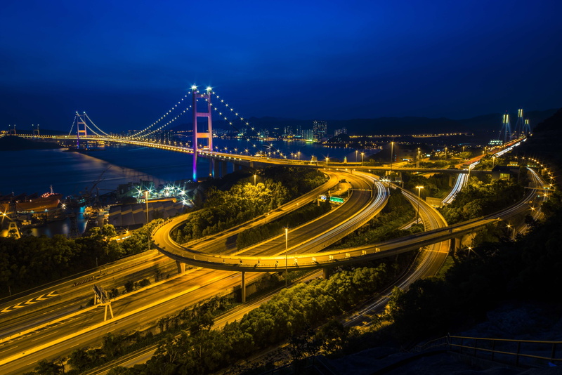 sky, Intersections, no people, city, traffic, bridge, building exterior, illuminated, speed, motion, built structure, Interchange, cityscape, architecture