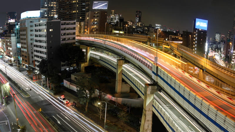 interchange, japan, junction, highway, transport, city lights, way, urban, 5K, tokyo, bridge, expressway, traffic, long-exposure photography, light trails