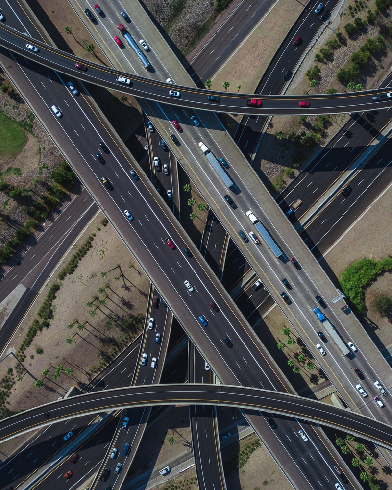 mode of transportation, street, bridge - man made structure, complexity, no people, traffic, overpass, road, road intersection, multiple lane highway, elevated road