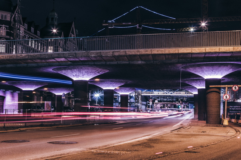 building exterior, elevated road, connection, dark, transportation, 5K, light trail, road, time, travel destinations, illuminated, architecture, city