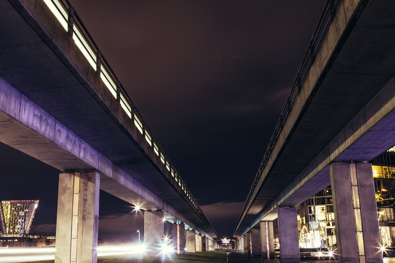 architectural column, 5K, girder, engineering, city, lights, underneath, multiple lane highway, vehicle, infrastructure, cars, ceiling, outdoors, water
