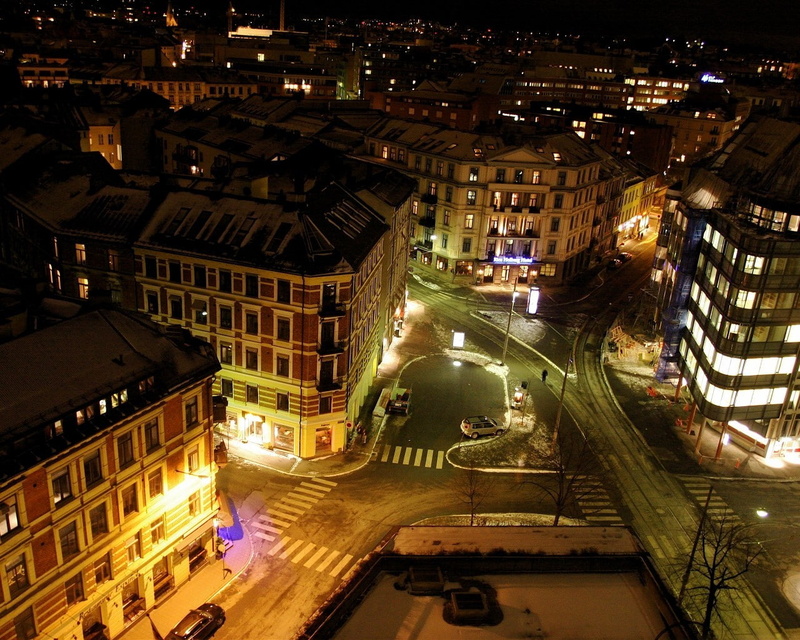 transportation, city life, road, cityscape, built structure, city, residential district, illuminated, car, building exterior, Oslo, intersections, city street