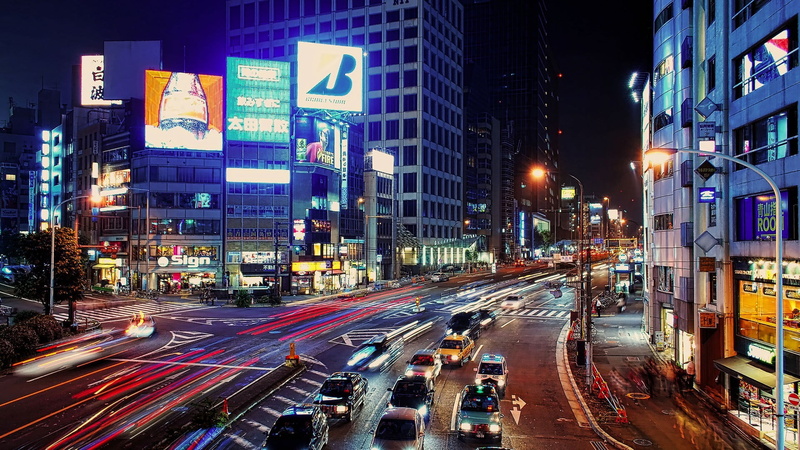 nightlife, 1080P, sign, office building exterior, intersections, city, cars, road, city life, cityscape, night, city street, transportation, no people