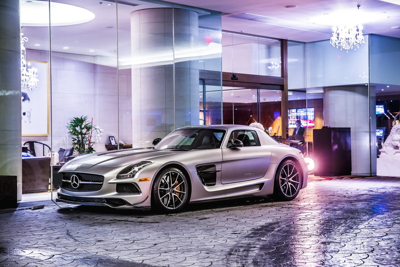 transportation, street, building exterior, car, architectural column, 1080P, Black Series, illuminated, architecture, Mercedes-Benz, silvery, glass - material