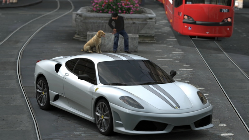 pet owner, mode of transportation, day, animal, one animal, transportation, ferrari f430 gran turismo 5 siemens combino, animal themes, street, travel