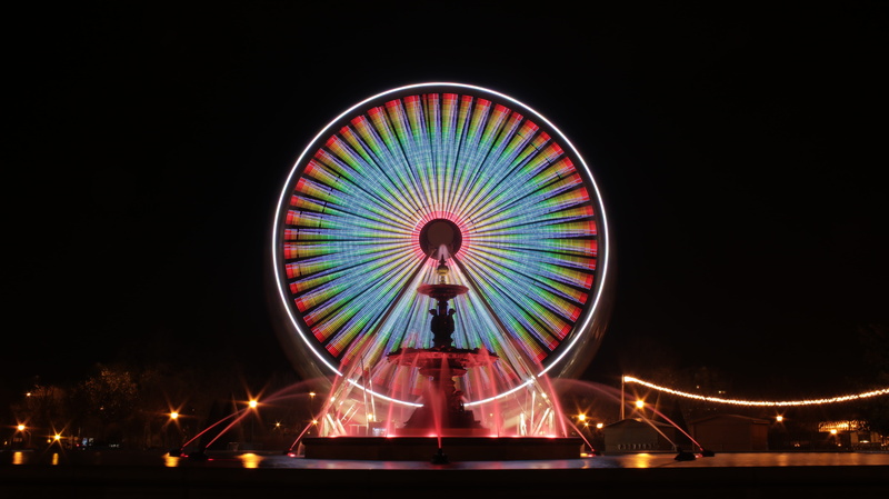 dark, shot, colours, amusement park ride, angers, travel destinations, blue, nightlife, blurred motion, carnival, neon, amusement park, city, red, fountain