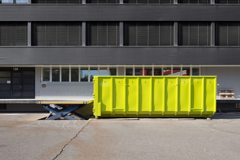 metal, security, garbage container, city, zürich, truck, urban, day, switzerland, yellow, color, building exterior, 4K, window, no people, street, trash container
