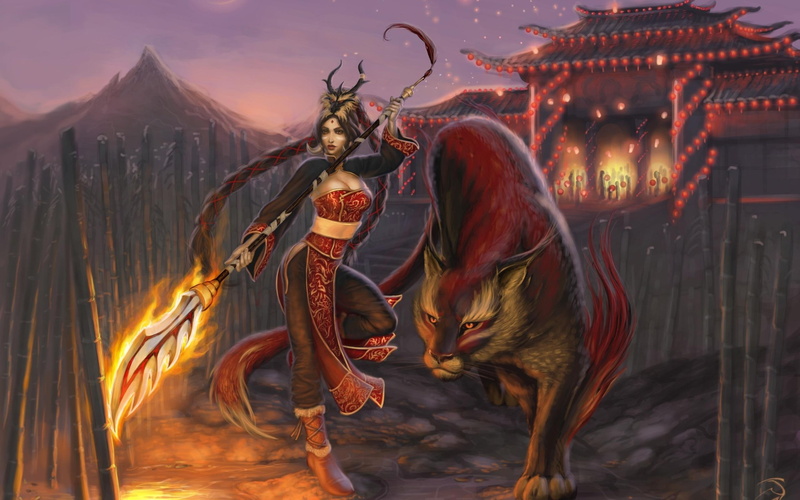 long hair, mountain, fantasy, animal, waistband, gold eyes, 2K, bamboo, spear, mistress, beast, yellow eyes, dark ha