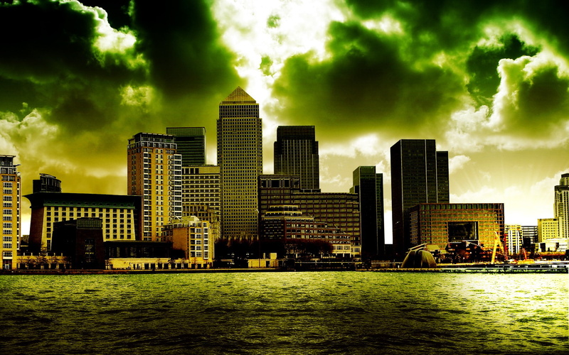 1080P, London, digital art, canary wharf, clouds, cityscape