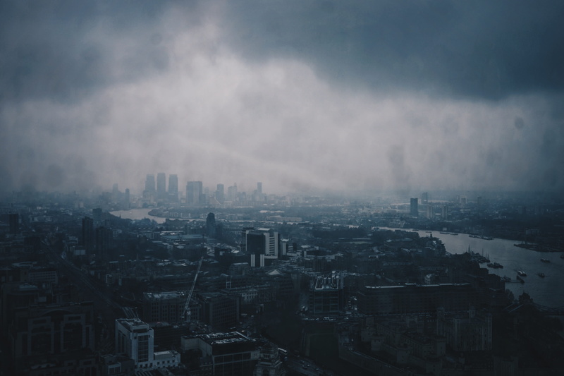 office building exterior, air pollution, city, cityscape, aerial view, river, sky, financial district, uk, cloud - sky, building exterior, outdoors, built structure
