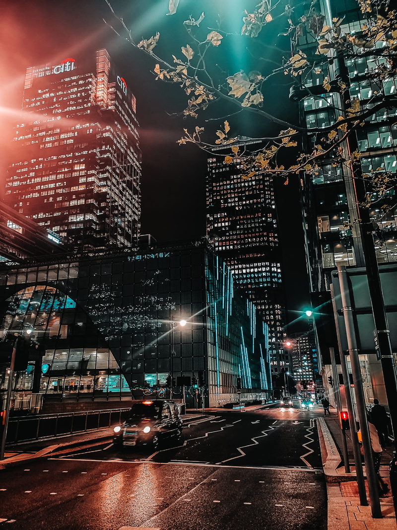 london, sky, office building exterior, street, land vehicle, road, building, illuminated, skyscraper, night, no people, cityscape, united kingdom, built structure