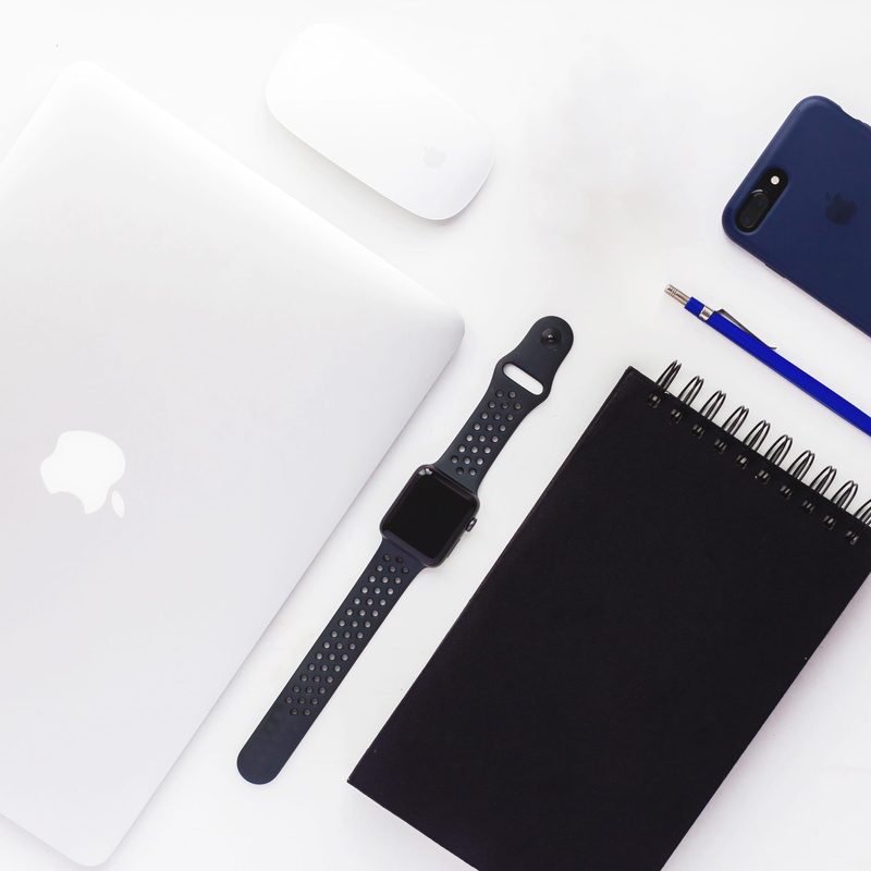 no people, sport, surface, pen, plus, equipment, flat, iphone, case, nail, white background, book, blue, note pad, mouse, watch, top, band, macbook, magic
