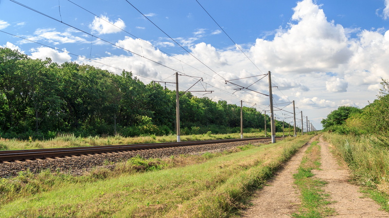 trees, no people, rail transportation, motion, tree, transportation, outdoors, track, growth, power supply, sleepers, diminishing perspective, power line