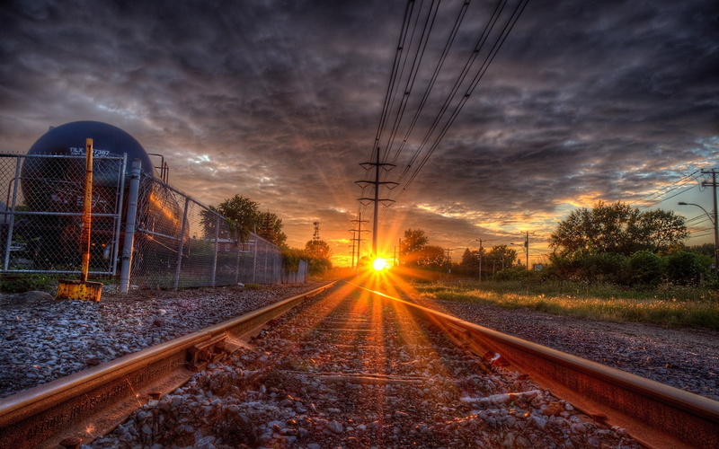 rail, 1080P, Sunset, Rails, Sleepers, Glare