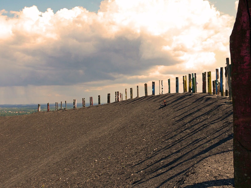 nature, sand, sky, fence, railway sleepers, outdoors, sea, totems, places of interest, post, halde haniel, cloud - sky, beach, water, 2K, bottrop germany