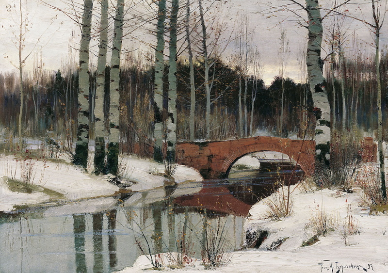 canvas, landscape, oil, picture, bridge, The thaw in Gatchina, Richard Bergholz, 1080P
