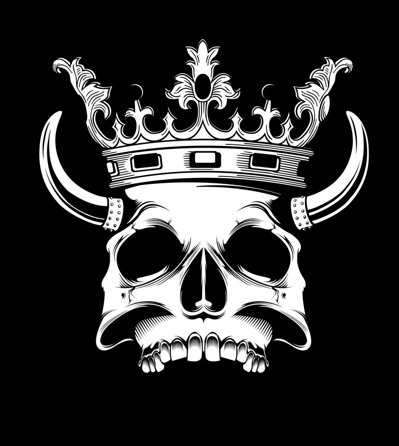 bone, crown, communication, shirt, black background, sign, horns, printing, low angle view, skull, single object, graphical, human skeleton, design, ornate