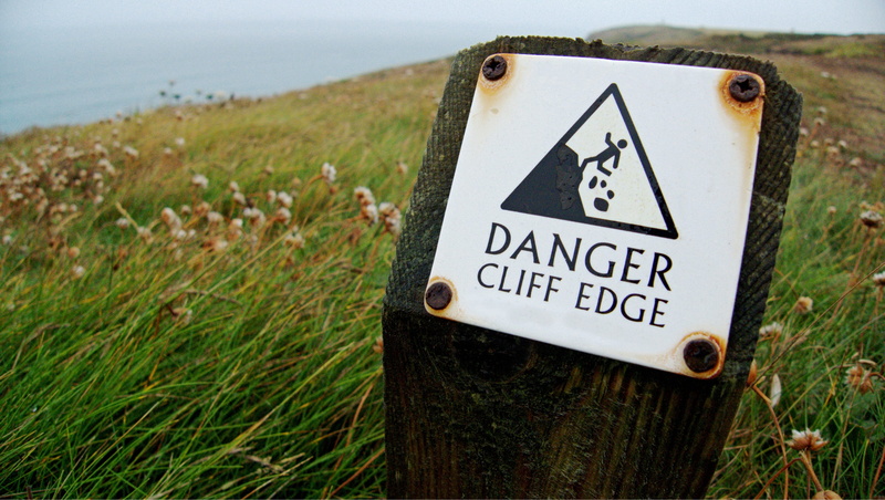 adrenaline, warning sign, Risk, text, water, western script, information sign, signage, day, grass, cliff, 4K, metal, green color, outdoors, close-up