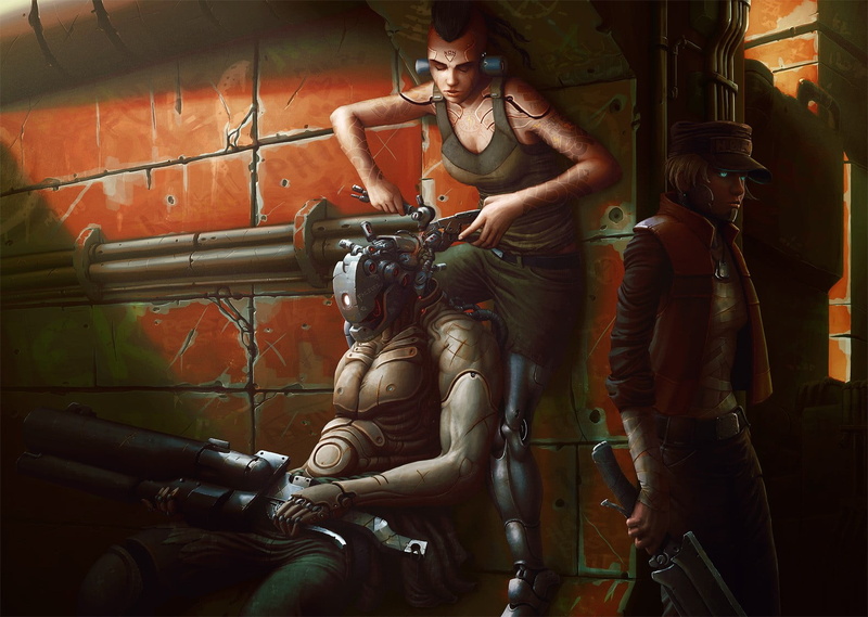 weapon, adult, women, two people, robot, architecture, men, digital, human representation, cyberpunk, real people, lifestyles, indoors, fixing, 720P, leisure activity