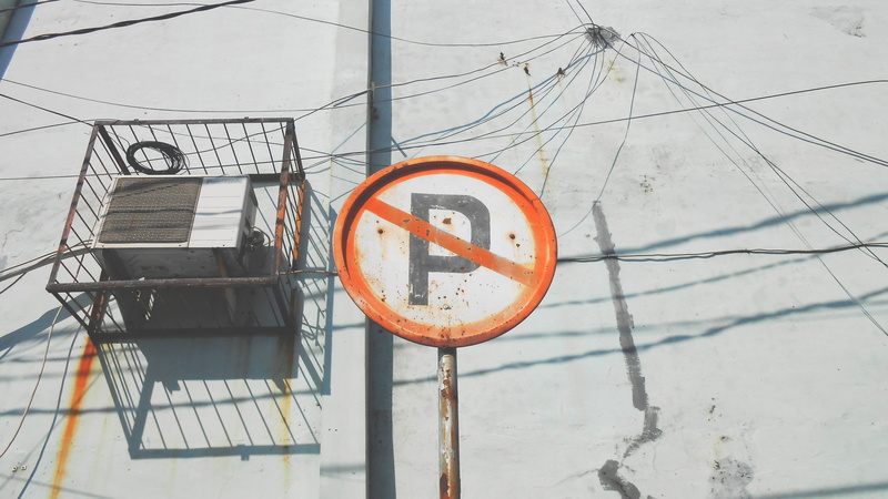 no parking sign, outdoors, crack, forbidden, parking, orange color, railing, building, indonesia, 4K, asium, chao, cable, architecture, java, geometric shape