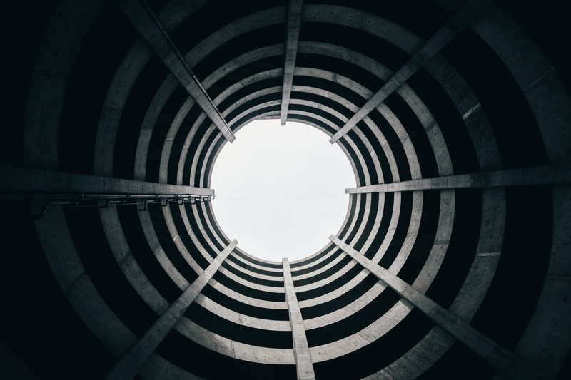 directly below, circular, design, striped, Perspective, sky, geometric shape, looking, Architecture, day, circle, photo, built structure, 4K, diminishing perspective