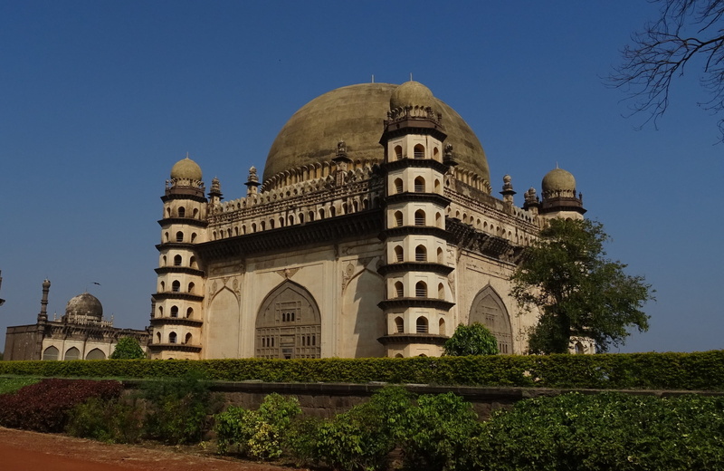 2K, low angle view, the past, architecture, clear sky, bijapur, building exterior, Mausoleum, structure, tree, religion, islam, travel, outdoors, india
