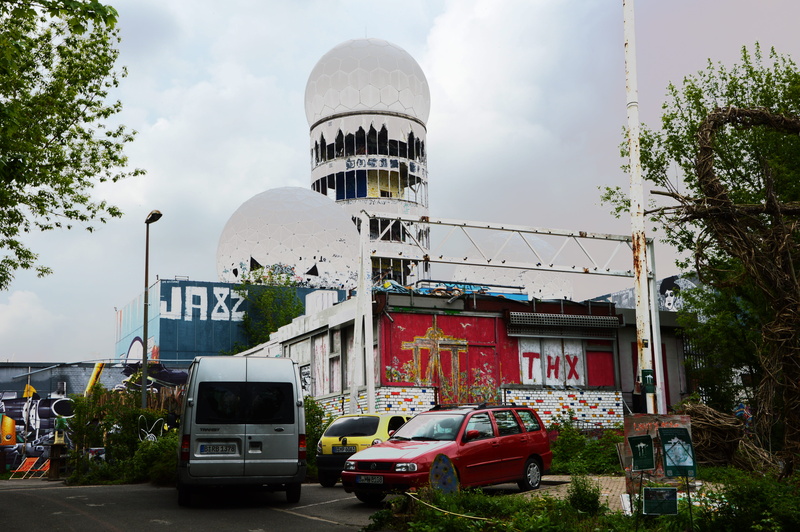 nsa spy station, tree, nature, plant, day, teufelsberg, building exterior, 5K, text, road, germany, incidental people, sky, devils mountain, graffiti
