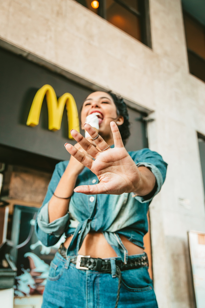 style, day, young Adult, city, women, outdoors, mcdonalds, one Person, joy, city Life, happiness, beautiful, young Women, fun, laughing, urban Scene, pose