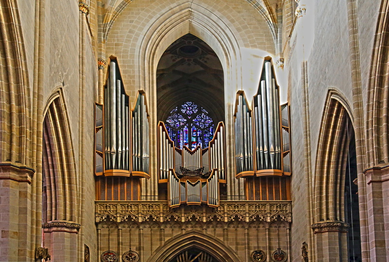 no people, ceiling, building, architecture, keyboard instrument, instrument, religion, building exterior, belief, organ whistle, pipe organ, ulm, architectural column
