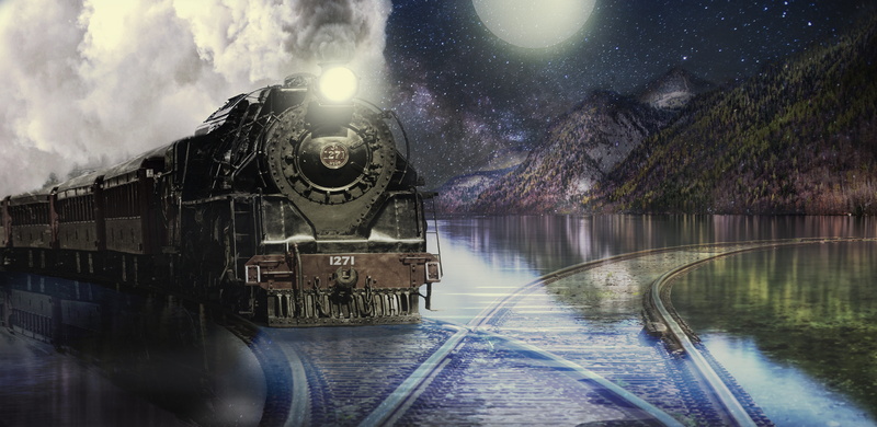 loco, water, sky, mountains, lake, moon night, locomotive, night, seemed, transportation, composing, mirroring, star - space, no people, mode of transportation