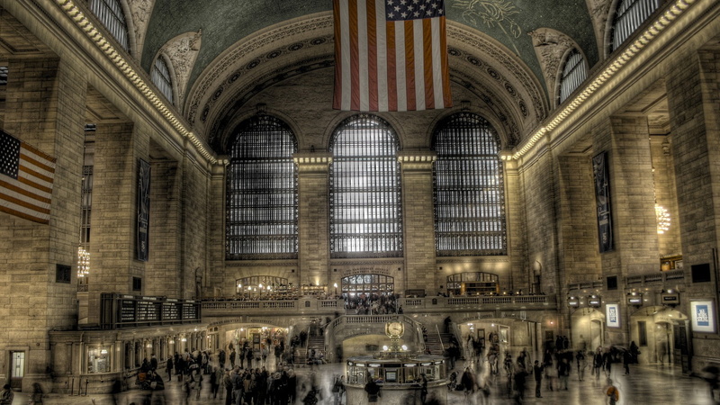 low angle view, HDR, the past, Grand Central Station, built structure, travel destinations, lighting equipment, flag, 1080P, building, real people, history