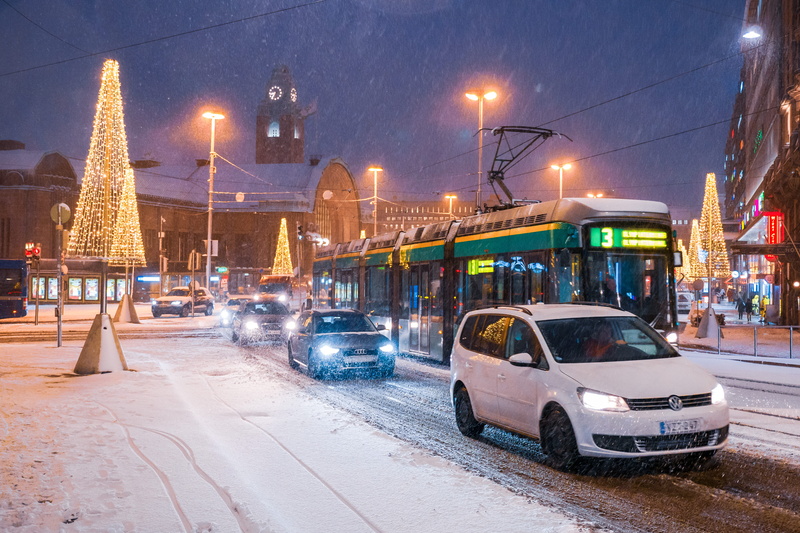 4K, building exterior, architecture, road, mode of transportation, snow, christmas lights, street, night, helsinki, finland, light, city, winter, car