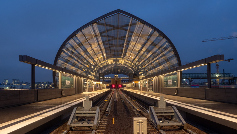 transportation, hamburg, mode of transportation, metro, built structure, platform, sky, stop, railroad station, diminishing perspective, elbe bridge, no people