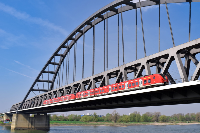 metal, built structure, rhine, bridge, train, s bahn, low angle view, river, transportation, gleise, steel arch bridge, engineering, düsseldorf, bridge - man made structure