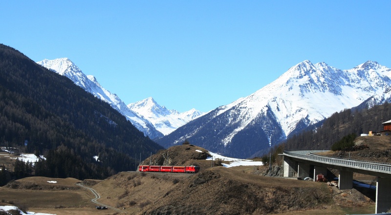 train, village, mountain, gleise, cold temperature, no people, route, architecture, blue, alpine panorama, bridge, 2K, day, sky, spring, alpine, snow