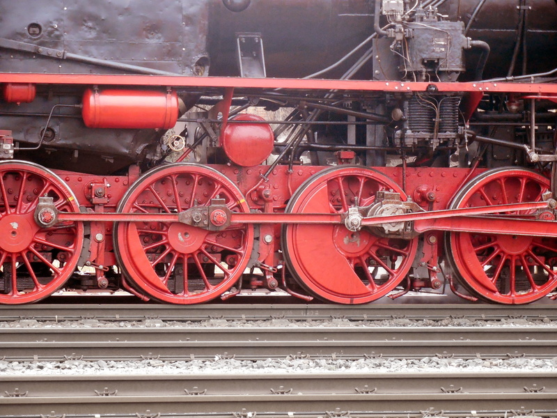 mode of transportation, rail, train, historically, steam train, close-up, loco, wheel, red, transmission, transport, wheels, engine, metal, physics, no people