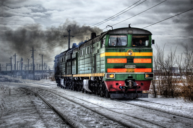 sky, rail transportation, land vehicle, russia, transport, no people, traffic, cold temperature, taken, nature, track, smoke, green, train, train driver