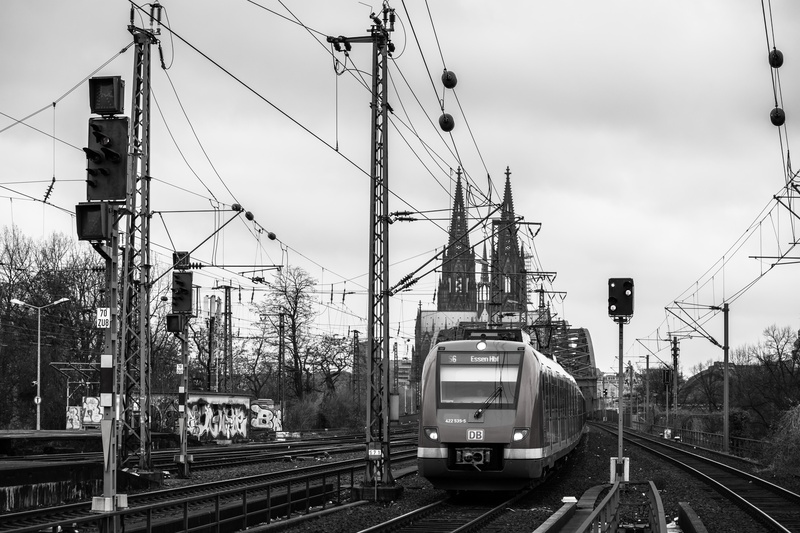 towers, cologne, mode of transportation, seemed, power line, railroad track, power supply, sky, railway, 5K, land vehicle, s bahn, train, technology, cable