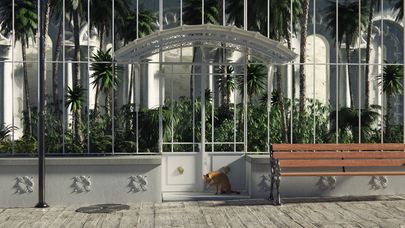 plants, 3d design, fence, 3D graphics, CGI, cobblestone, 2K, bamboo, yucca, park, animal cat, digital art, bench, palm trees, architecture